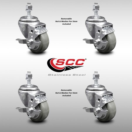 Service Caster 3.5 Inch SS Gray Polyurethane Swivel 12mm Threaded Stem Caster Set Brake SCC SCC-SSTS20S3514-PPUB-TLB-M1215-4